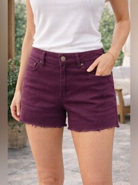 179 American Eagle High Rise Shortie Shorts Size 8 Purple Super Stretch Raw Hem